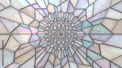 Stained Glass Window with Geometric Polygonal Pattern and Iridescent Hues Forming a Radial Spiral Design