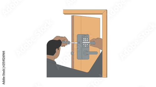 Person installing digital keypad lock on wooden door, home security installation
