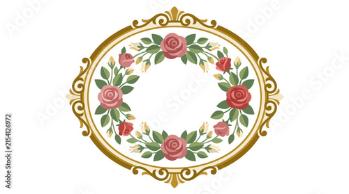 Ornate Oval Frame with Roses and Leaves, Decorative Floral Border