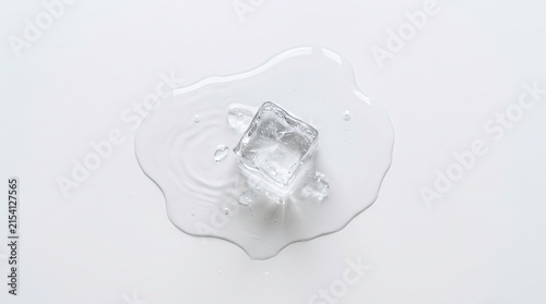 Melting ice cube with water puddle on minimalist white background