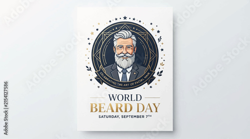World Beard Day Creative Poster Design with Distinguished Man in Suit, Vintage Style Illustration, Corporate Business Celebration, Elegant Layout for Barbershop, September 17th