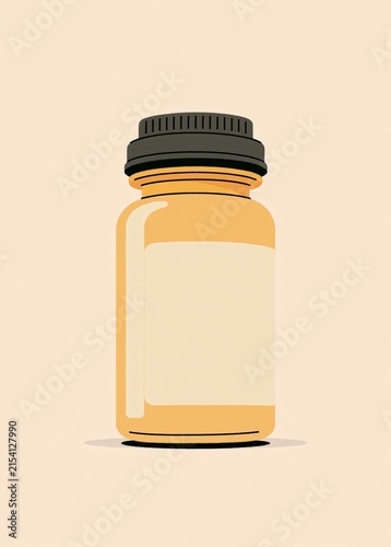 Illustration of a glass jar with a black lid. the jar is orange in color and has a blank label on it. the lid is black and appears to be made of plastic. the background is a light beige color.