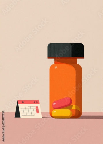 Illustration of an orange medicine bottle with a black cap. the bottle is placed on a light pink background. next to the bottle, there is a small calendar with a grid of red and white squares.