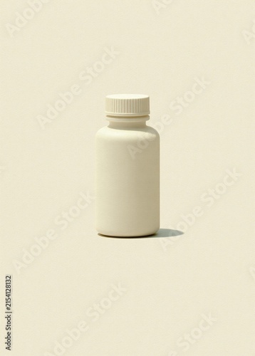 Photograph of a small white plastic bottle with a white cap. the bottle is standing upright on a plain white background. it appears to be empty and is the only object in the frame.