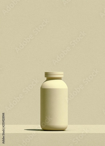 Photograph of a small, round, beige-colored jar with a lid. the jar is placed on a plain, light-colored surface with a beige background.