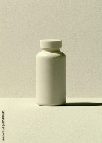 Photograph of a white plastic bottle with a round cap. the bottle is placed on a plain white surface with a light beige background.