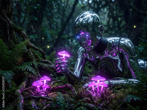 Futuristic Android Explores Bioluminescent Mushrooms in a Misty Rainforest