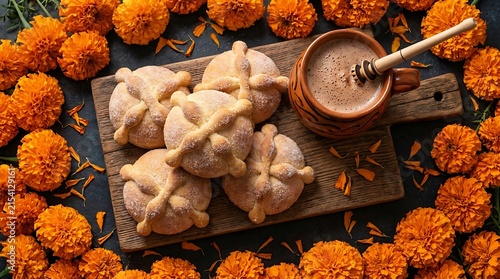 Traditional pan de muerto bread with marigold flowers and hot chocolate tradition marigold