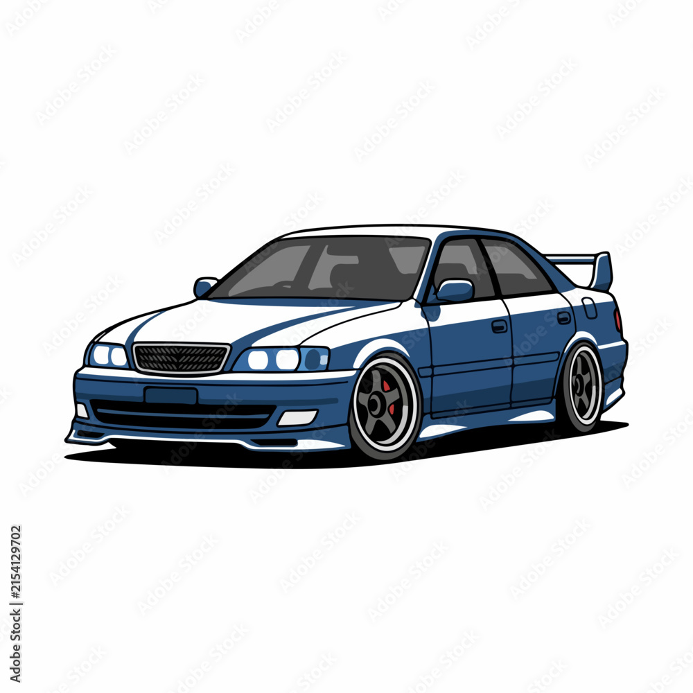 Naklejka premium Blue Tuned Sedan Car with Racing Modifications.