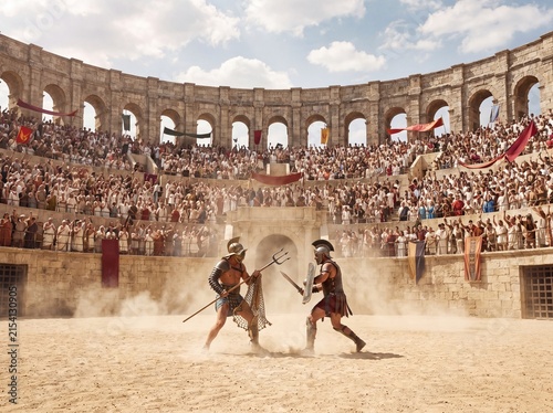 Gladiators Battle in Ancient Roman Colosseum Arena with Spectators