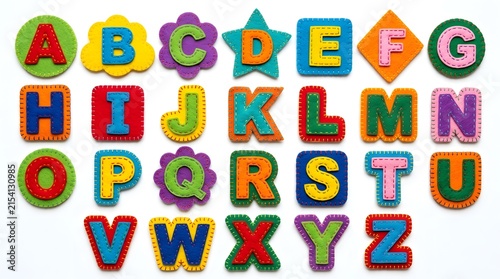 A colorful set of english alphabet letters displayed on various geometric shapes isolated on a plain white background for early childhood education concepts