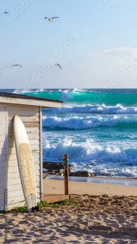 Rustic wooden beach hut with ocean view panorama.