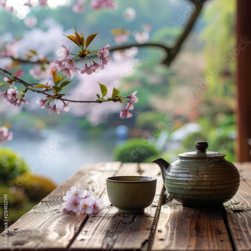 Rustic ceramic teapot with blooming cherry blossoms outdoors.