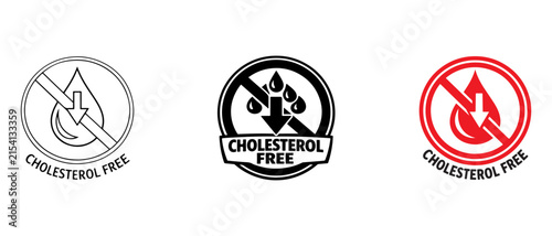 Cholesterol free icon with low cholesterol label, isolated vector symbol for healthy food packaging.
