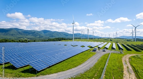 Field of solar panels and wind turbines for clean electricity generation