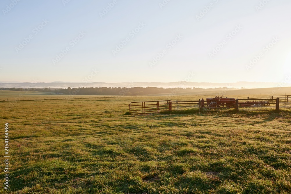 Obraz premium The Dawn Pasture with Wooden Fence and Grazing Horses at Sunrise