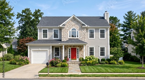Attractive suburban residence with natural stone detailing, real estate