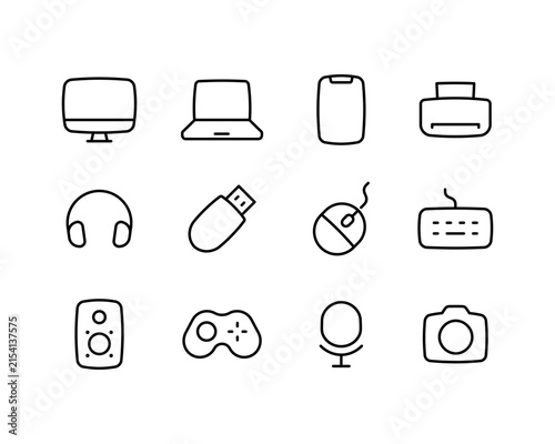 Collection of line art designs icon for modern technology and gadgets, including devices, electronics, and symbols.