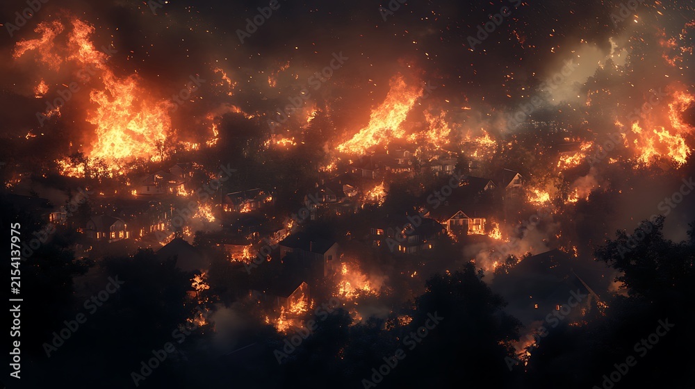 Fototapeta premium Suburban community devastated by raging wildfire high resolution picture