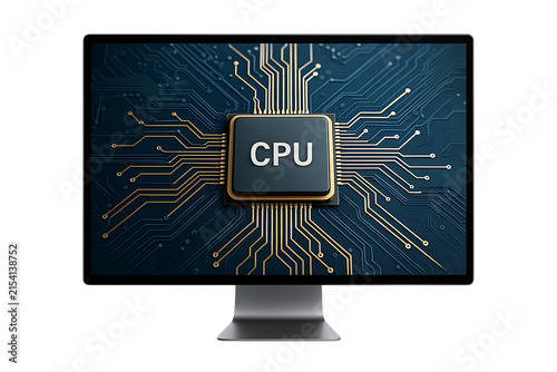 Professional computer monitor displaying central processing unit with golden traces Isolated on a Transparent Background