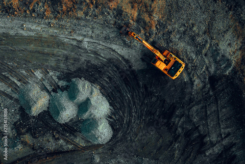 Aerial View of Excavator Working at Open Pit Mining and Earthmoving Site