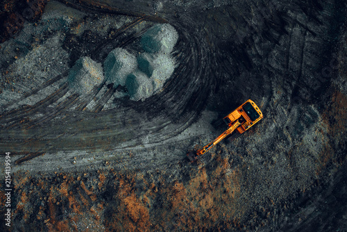 Aerial View of Excavator Working at Open Pit Mining and Aggregate Site
