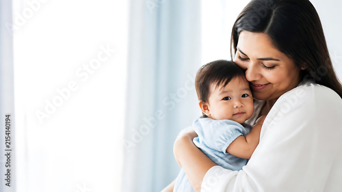 Tender mother gently embracing her baby in a bright minimalist setting, pure white and soft pastel blue tones, natural window light, peaceful emotional atmosphere, clean safe wholesome feeling