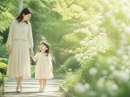Mother and child walking hand in hand through a bright peaceful garden filled with soft green foliage and diffused sunlight, feeling of security tenderness and family connection