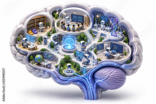 Minimal 3D illustration of a brain ecosystem featuring AI-powered learning, robotics, coding, STEM education, digital classrooms, and knowledge networks isolated on a white background.