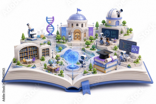 Minimal 3D illustration of a giant open book transformed into a futuristic education city with AI robots, library, science lab, coding, astronomy, and digital learning spaces on a white background.