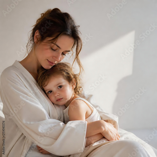 Protective mother wrapping her arms around her small child in a serene minimalist studio, soft white clothing, pale blue and warm beige tones, glowing natural light, symbolic feeling of safety protect