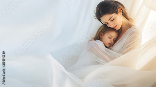 Symbolic maternal love scene featuring a mother gently forming a protective embrace around her child, surrounded by soft white translucent fabric and subtle warm sunlight