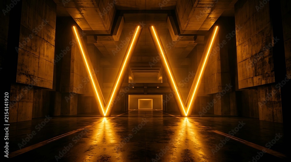 Naklejka premium Abstract futuristic interior of a dark concrete hall with glowing orange neon lights in the shape of the letter w, scifi architectural background, 3d rendering