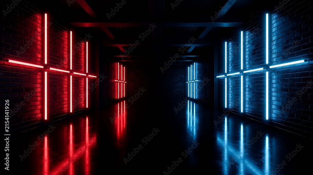Naklejka premium Futuristic dark corridor with red and blue neon lights on brick walls, reflective floor, modern abstract background, cinematic lighting, 3d render design