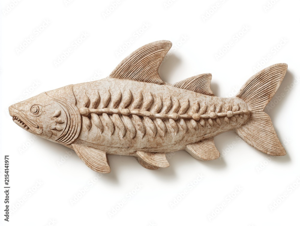 Obraz premium Stone Carving Of A Detailed Fish Skeleton On A Plain White Background