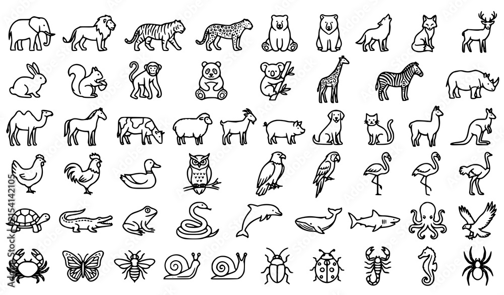 Naklejka premium Animal Outline Thin Line Editable Stroke Vector Icon Collection