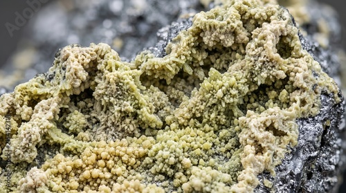 Bismutite Crystals Forming Pale Yellow Green Mineral Crusts and Delicate Granular Landscapes