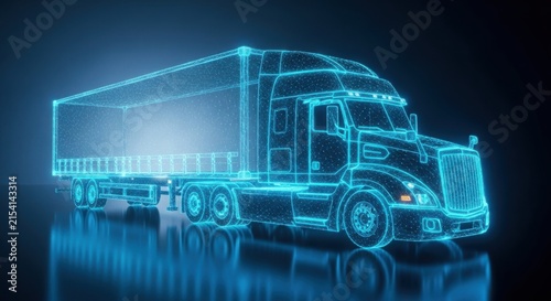 Glowing digital wireframe of a semi truck trailer on dark background illustration futuristic