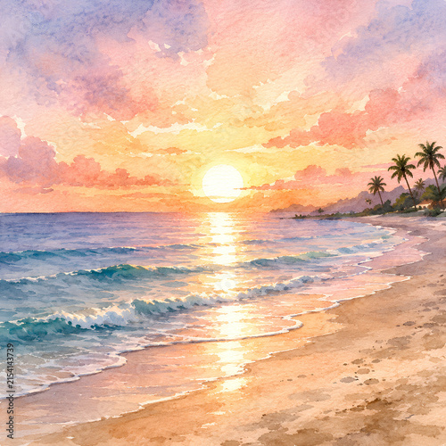 Watercolor Tropical Beach Sunrise with Gentle Ocean Waves