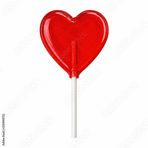 Shiny red heart shaped lollipop candy on a stick