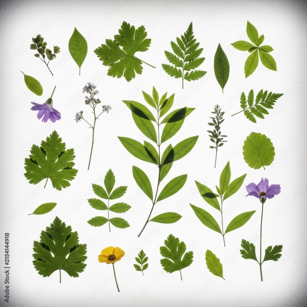 Naklejka premium Botanical collection of green leaves, purple and yellow flowers on white background. Herbarium specimens featuring diverse foliage shapes, serrated edges, and plant stems.