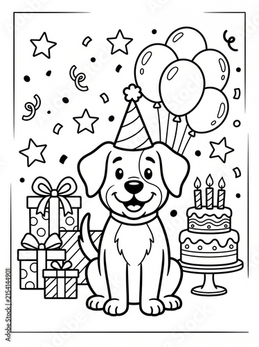 Cute dog birthday celebration coloring page vector illustration, outline golden retriever with birthday cake balloons and gifts, and printable activity sheet design. Flat and modern vector design.
