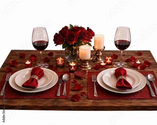 Romantic dinner table setting for two with red roses and wine