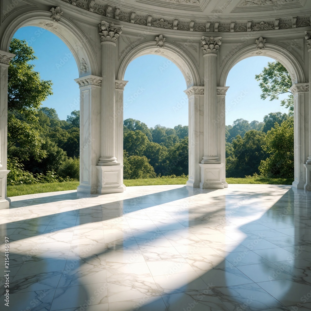 Fototapeta premium Elegant marble terrace with arches overlooks rich green forest landscape. Sunlight streams across polished floor creating shadows. Classic architecture provides grand outdoor space.