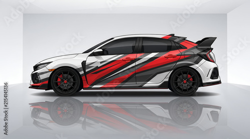 Modern Racing Car Livery Vector Design with Red and Black Stripes Sport Hatchback Wrap Design Vector Template for Vehicle Graphics Geometric Sports Car Vinyl Wrap Vector Graphic Concept