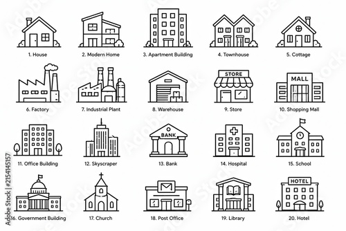 Set of simple black line icons representing various urban buildings