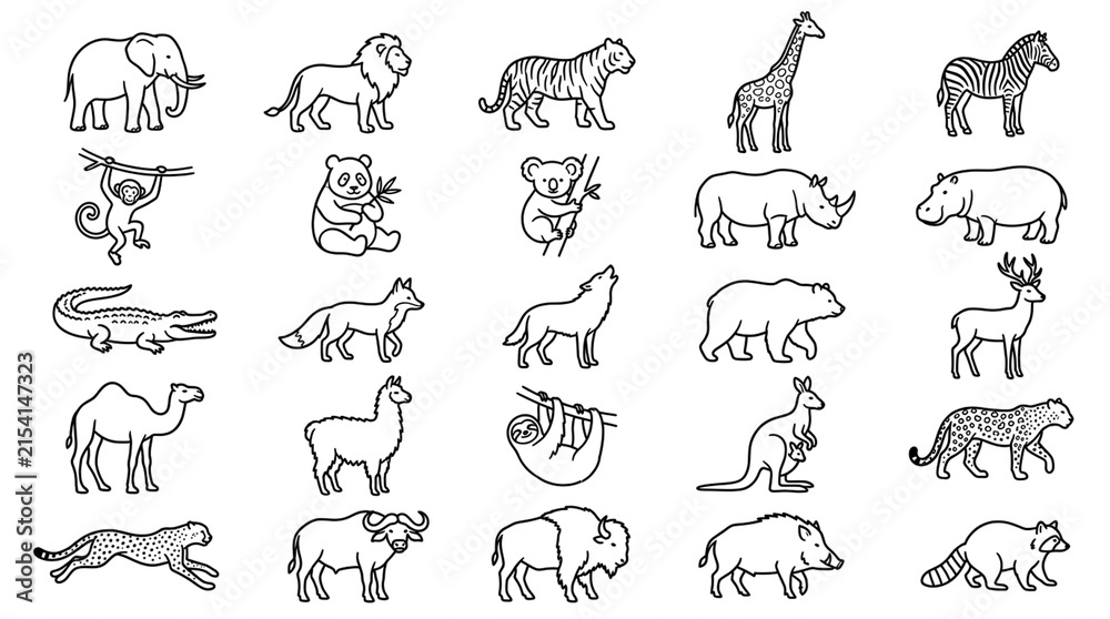 Obraz premium Set of simple black and white line art icons of various wild animals.
