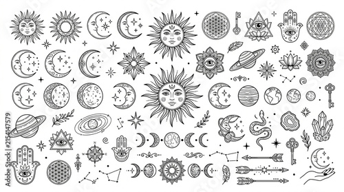 Collection of mystical celestial symbols and esoteric elements in hand drawn line art style.