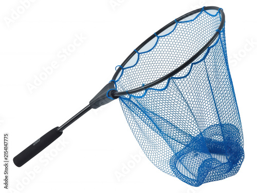 Professional blue fishing landing net with a black handle isolated on a transparent background