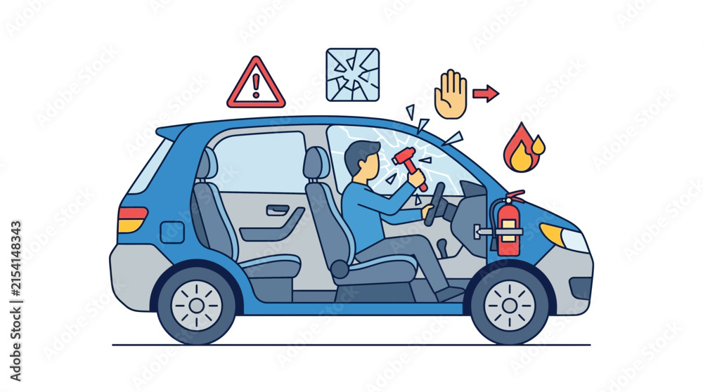 Naklejka premium Car Emergency Escape Icon with Driver Using Safety Hammer